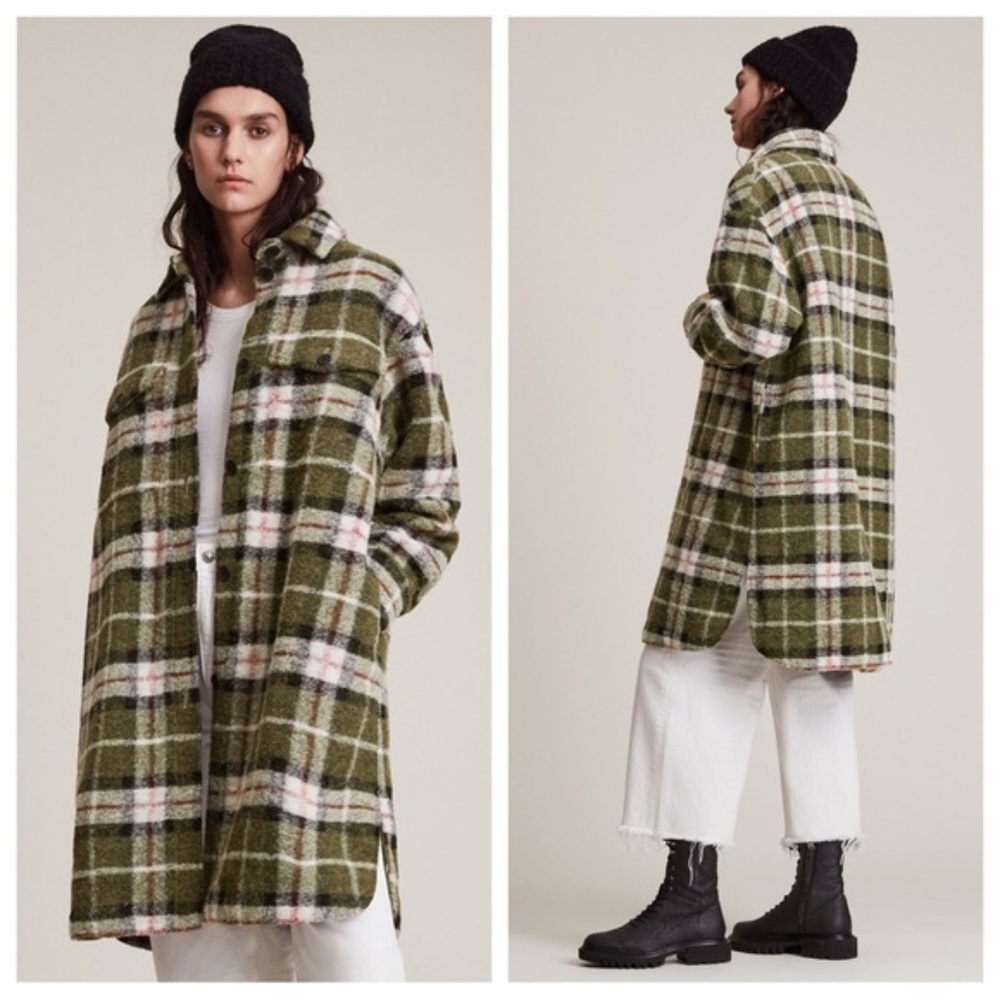 ALLSAINT  Tia Plaid Wool Blend Shirt Jacket ~ Green Check Print ~ US 4 NWT